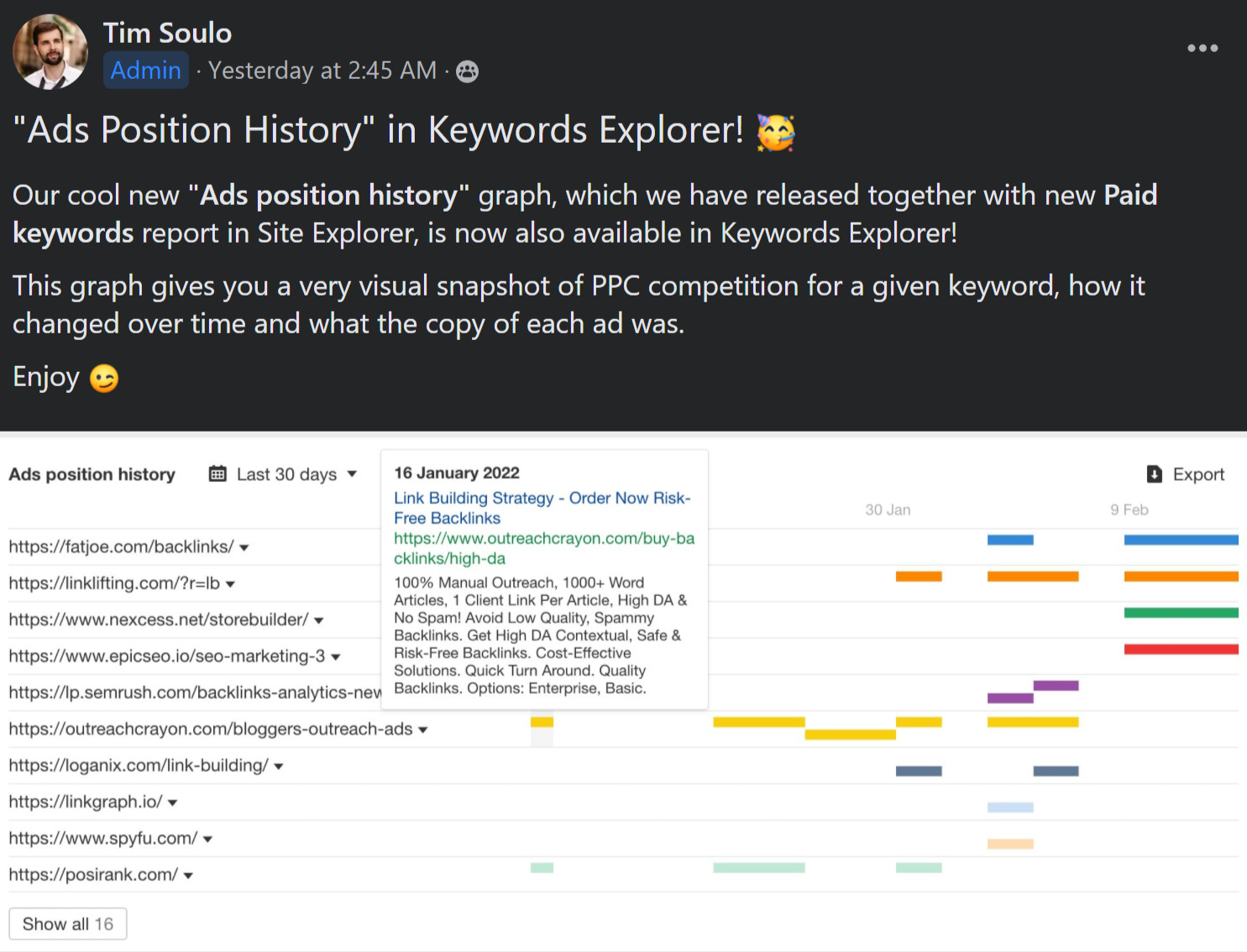Example of community engagement: Tim's post about "ads position history" in Keywords Explorer 