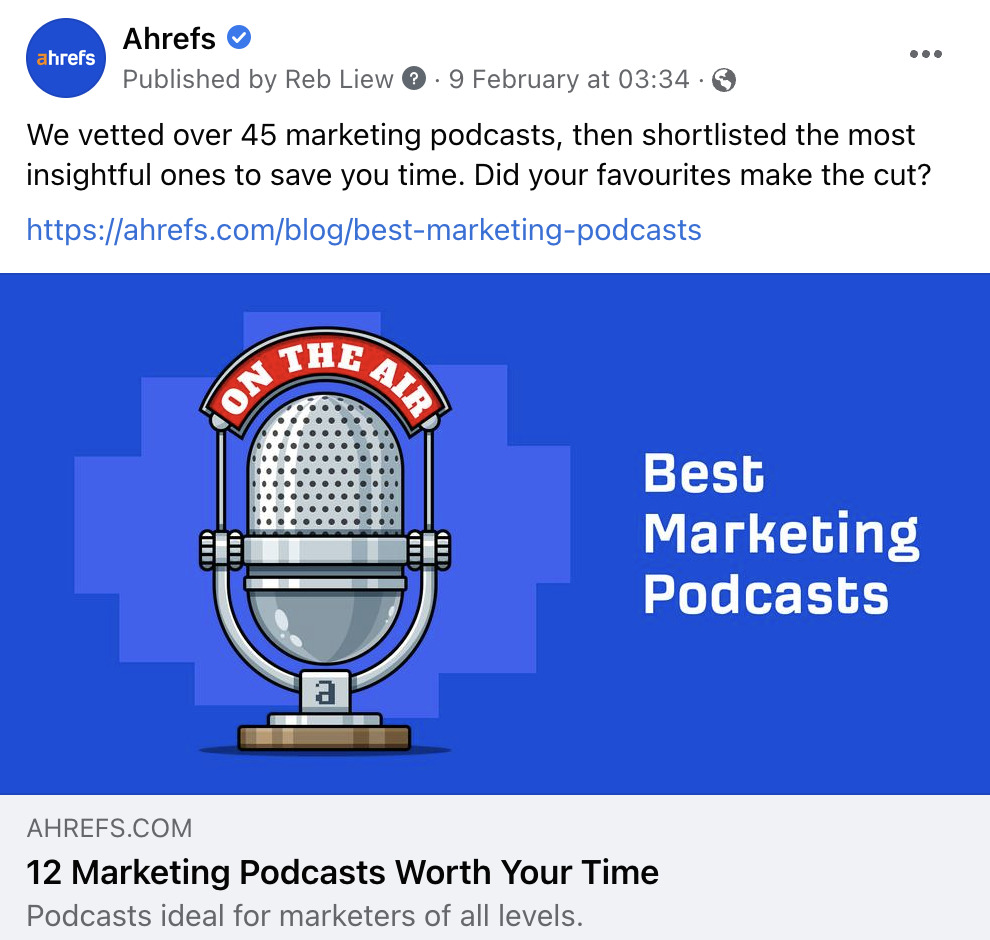 "Best marketing podcasts" article shared on Facebook 