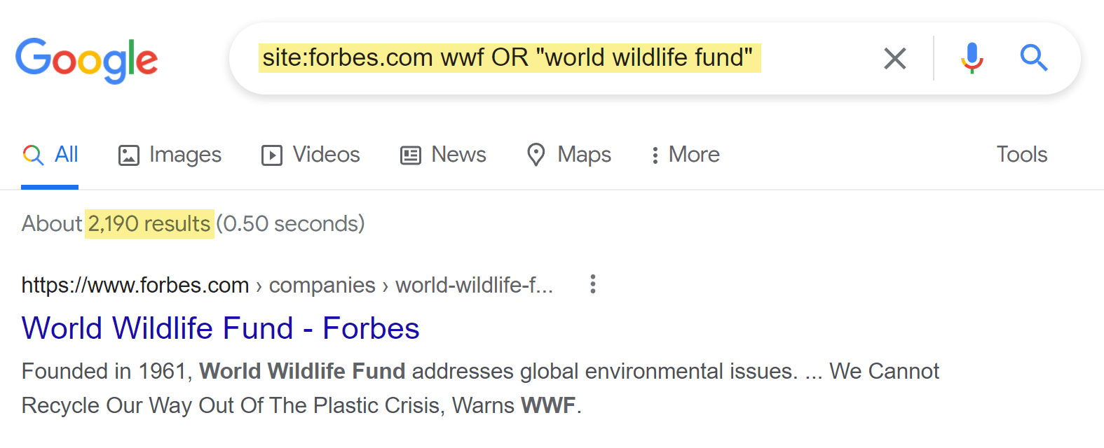 SERP do Google para menções do WWF na Forbes com operadores de pesquisa aplicados