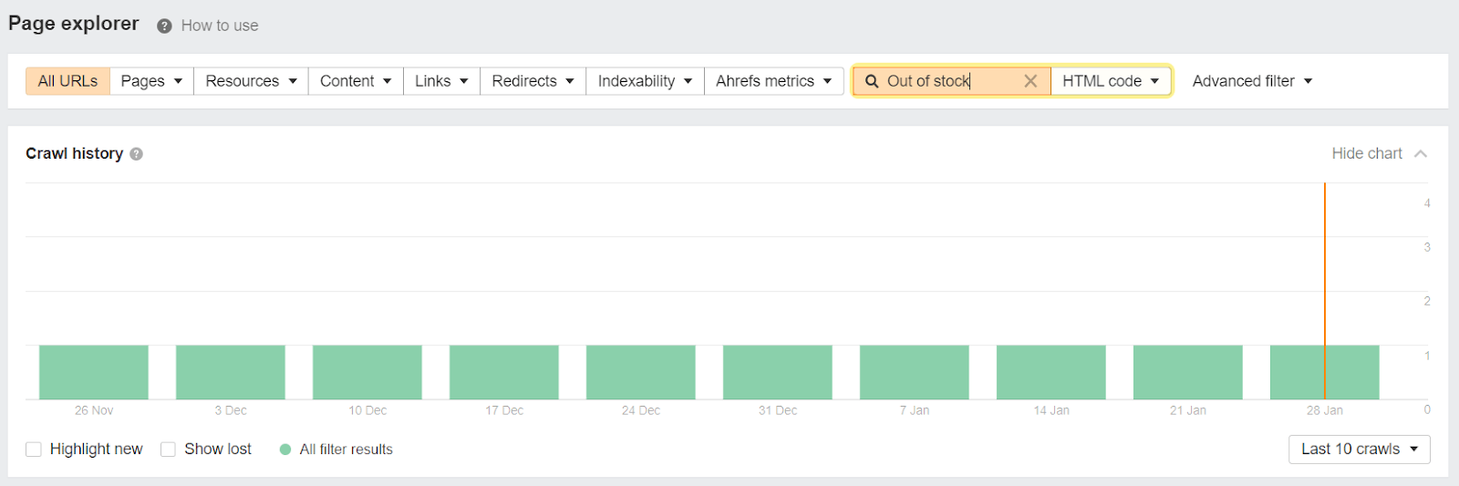 Search within your HTML for out-of-stock products using Site Audit