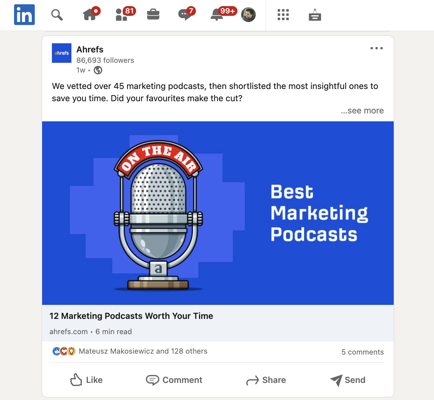 "Best marketing podcasts" article shared on LinkedIn 