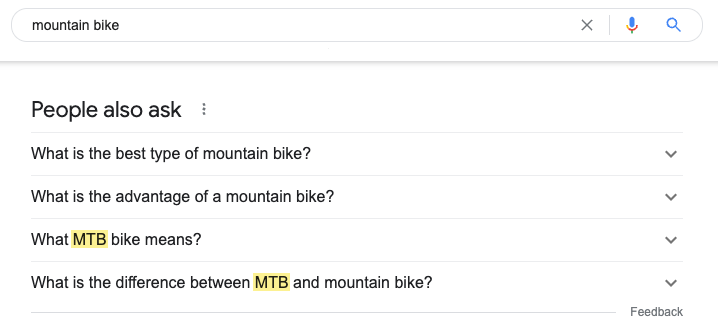 PAA boxes showing various queries and answers about mountain bikes 