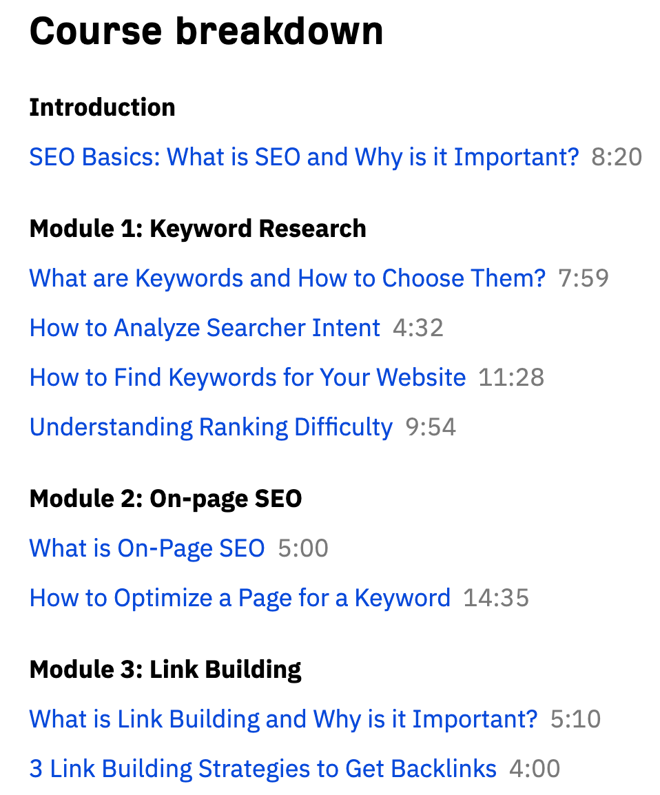 Table of contents of the various modules and courses 