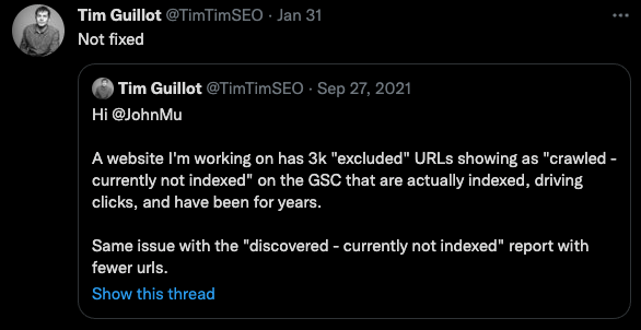 Tim Guillot shares tweet to John Mu about data issues; Tim adds the issues are "not fixed" 