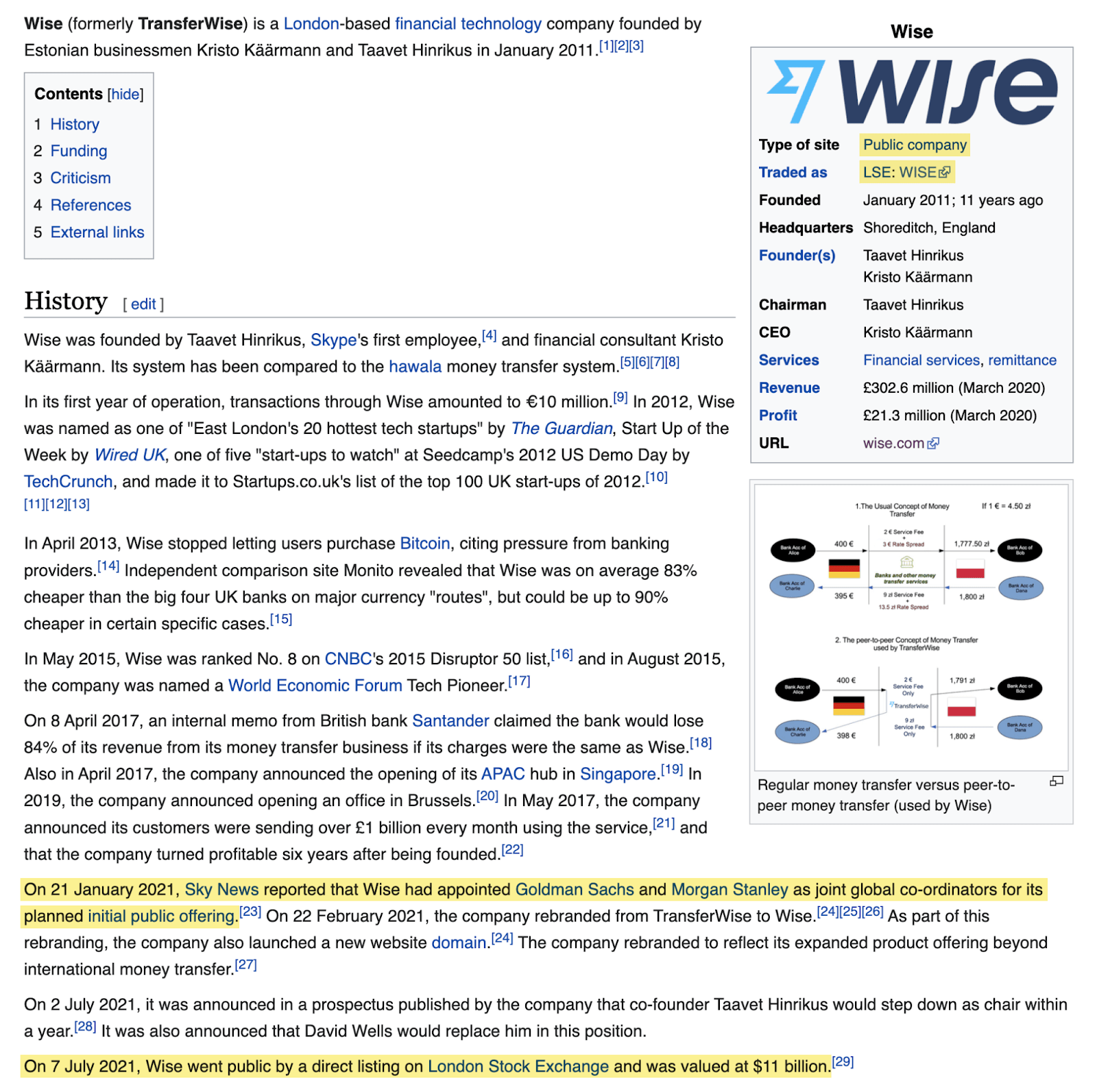 Wise listed as "public company" on its Wiki page; also, there's writeup about it going public 