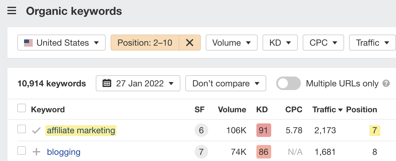 Filtragem para classificações nas posições 2-10 na primeira página do Google usando o Site Explorer do Ahrefs