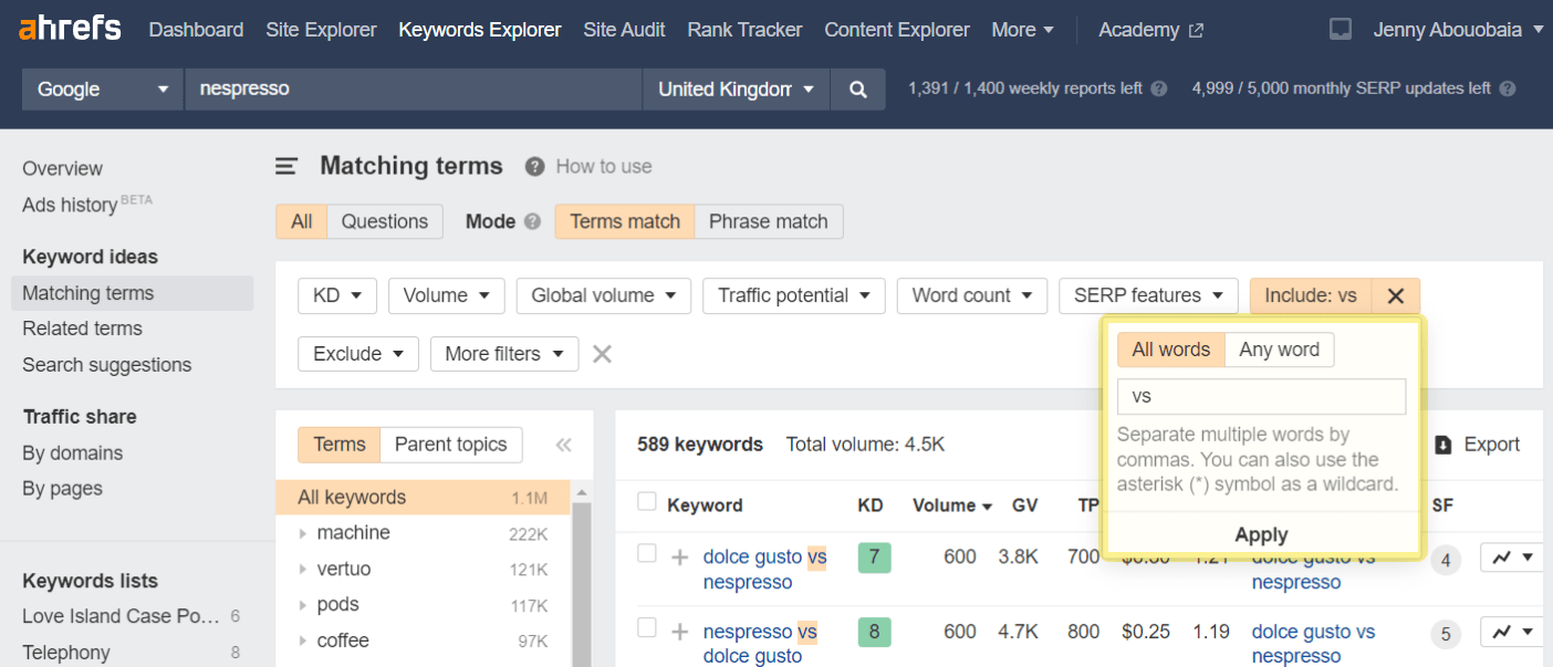 Matching terms report results for "nespresso"