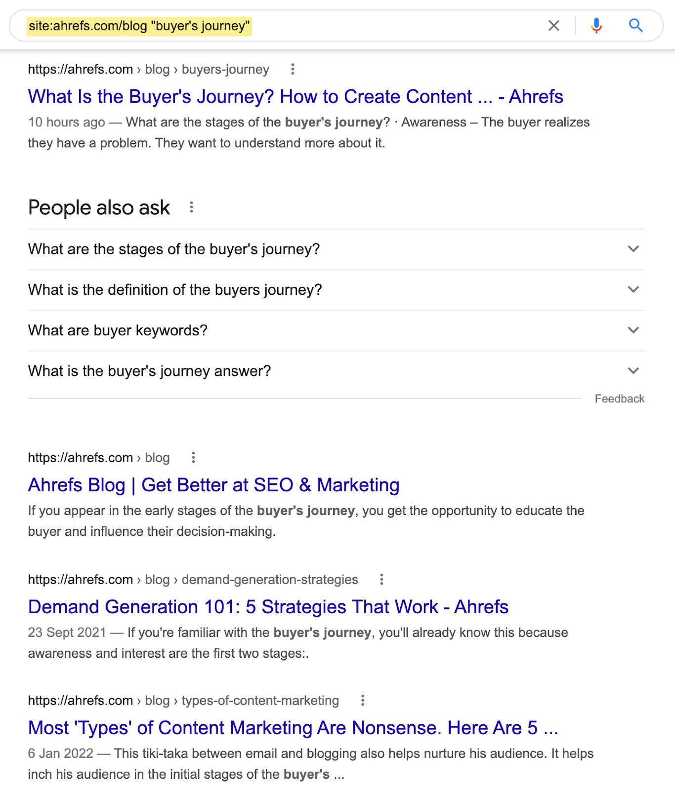 Site search of "buyer's journey" performed on Google 