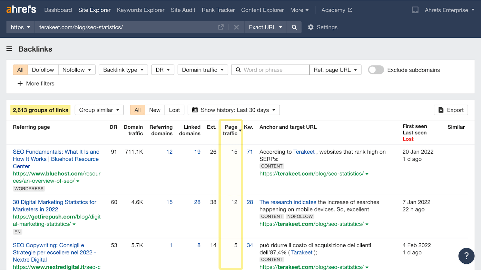 Resultados do relatório de backlinks