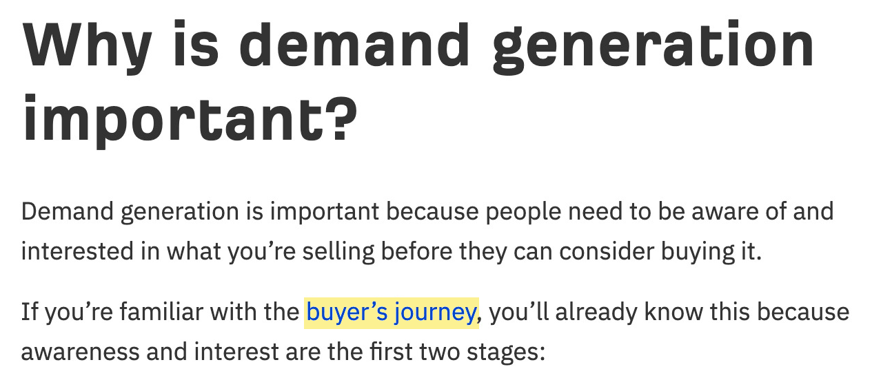 Internal link with relevant anchor text (buyer's journey) in an Ahrefs blog post 