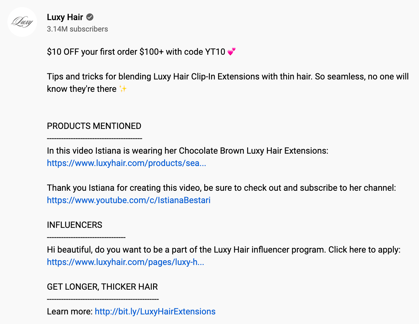 Video description box showing relevant links to Luxy Hair products, influencer featured in the video, etc 