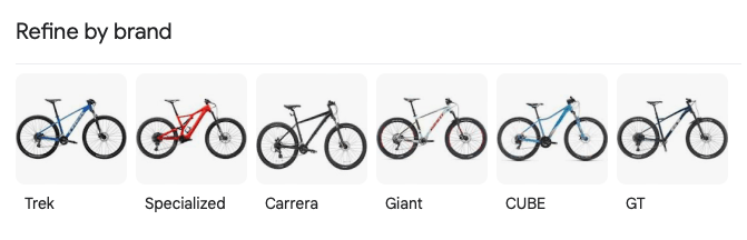 Row of pictures of bikes with brand names