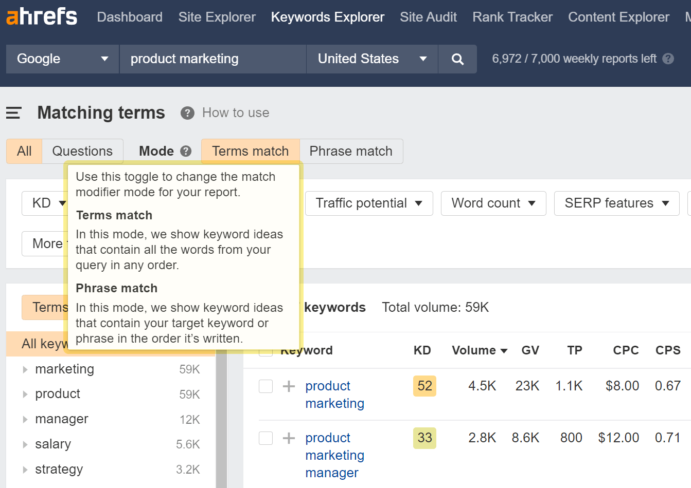 Matching terms report results 