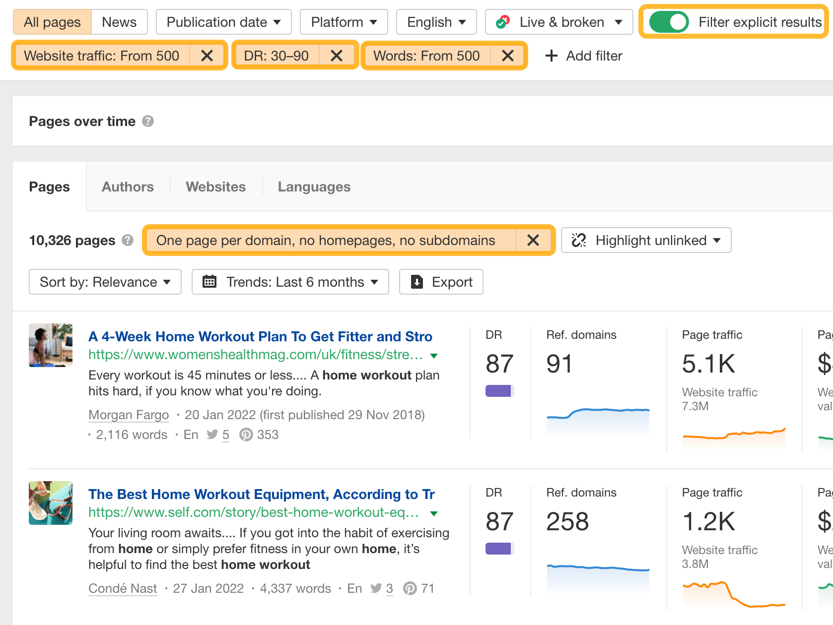 Ahrefs' Content Explorer with filters