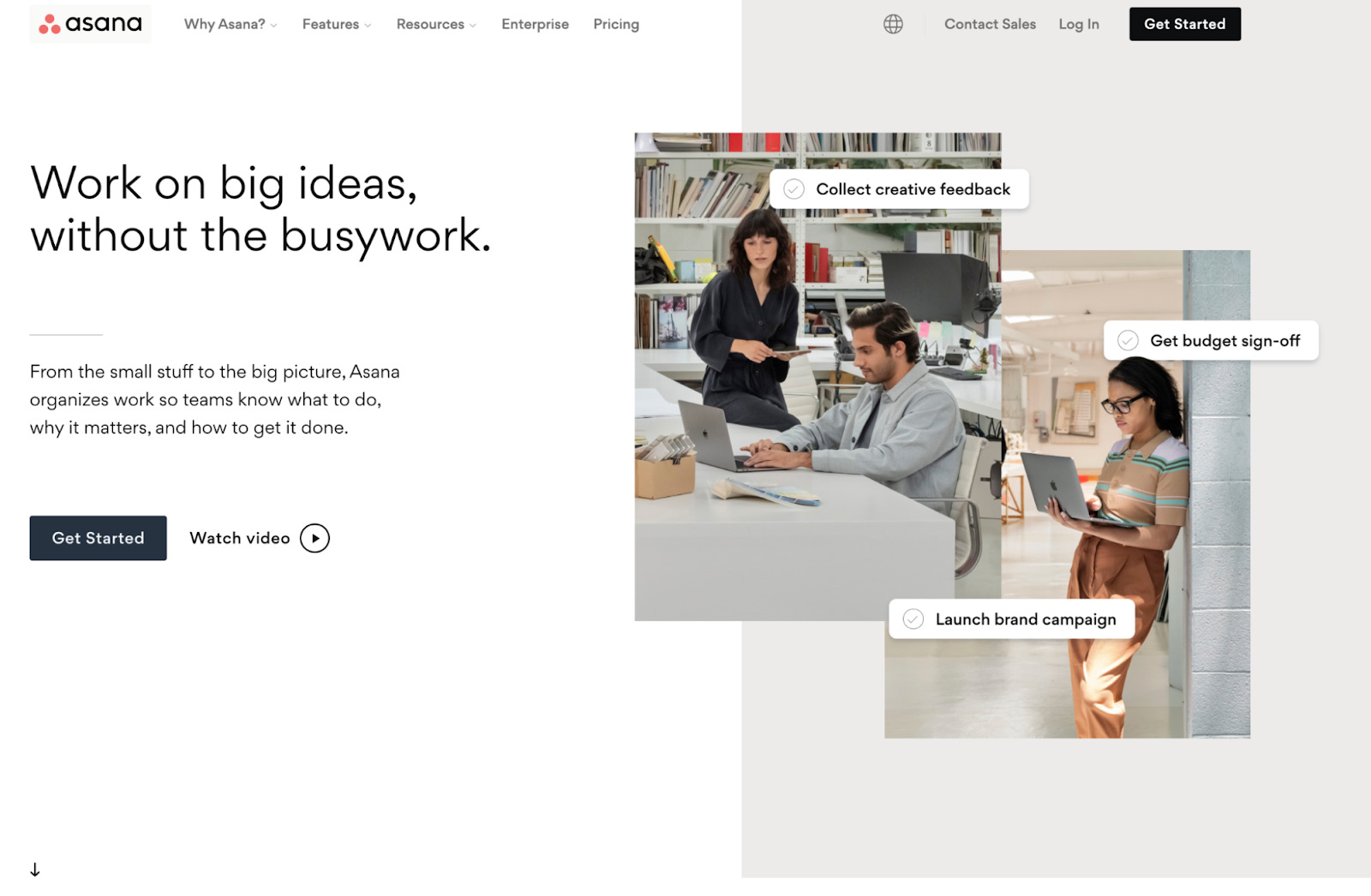 Asana's homepage: on left, homepage copy; on right, pictures of people working 