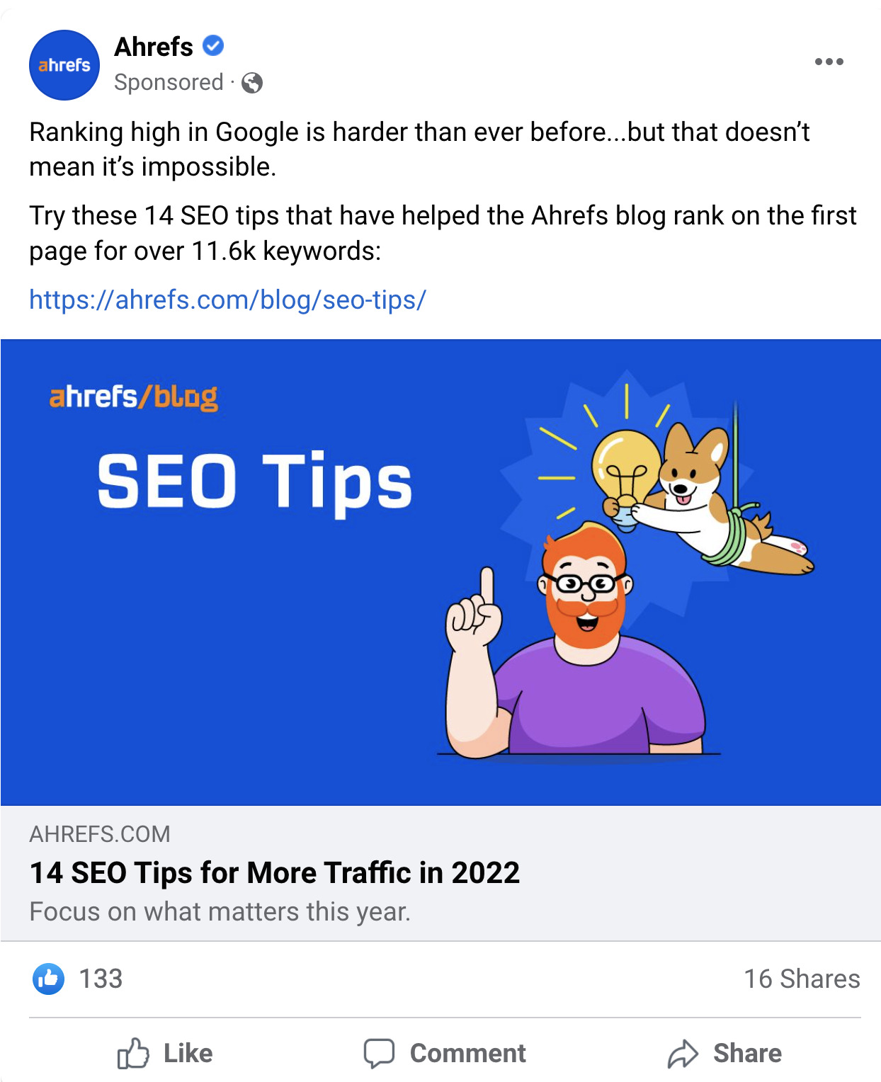 Facebook ad of Ahrefs' blog article about SEO tips