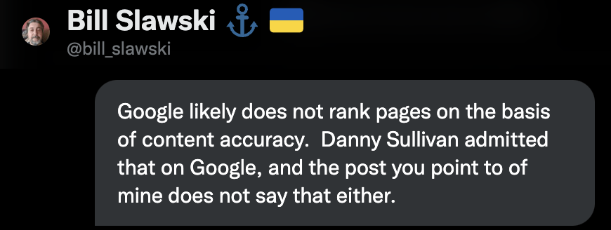 O tweet de Bill sobre o Google não classificar as páginas com base na precisão do conteúdo
