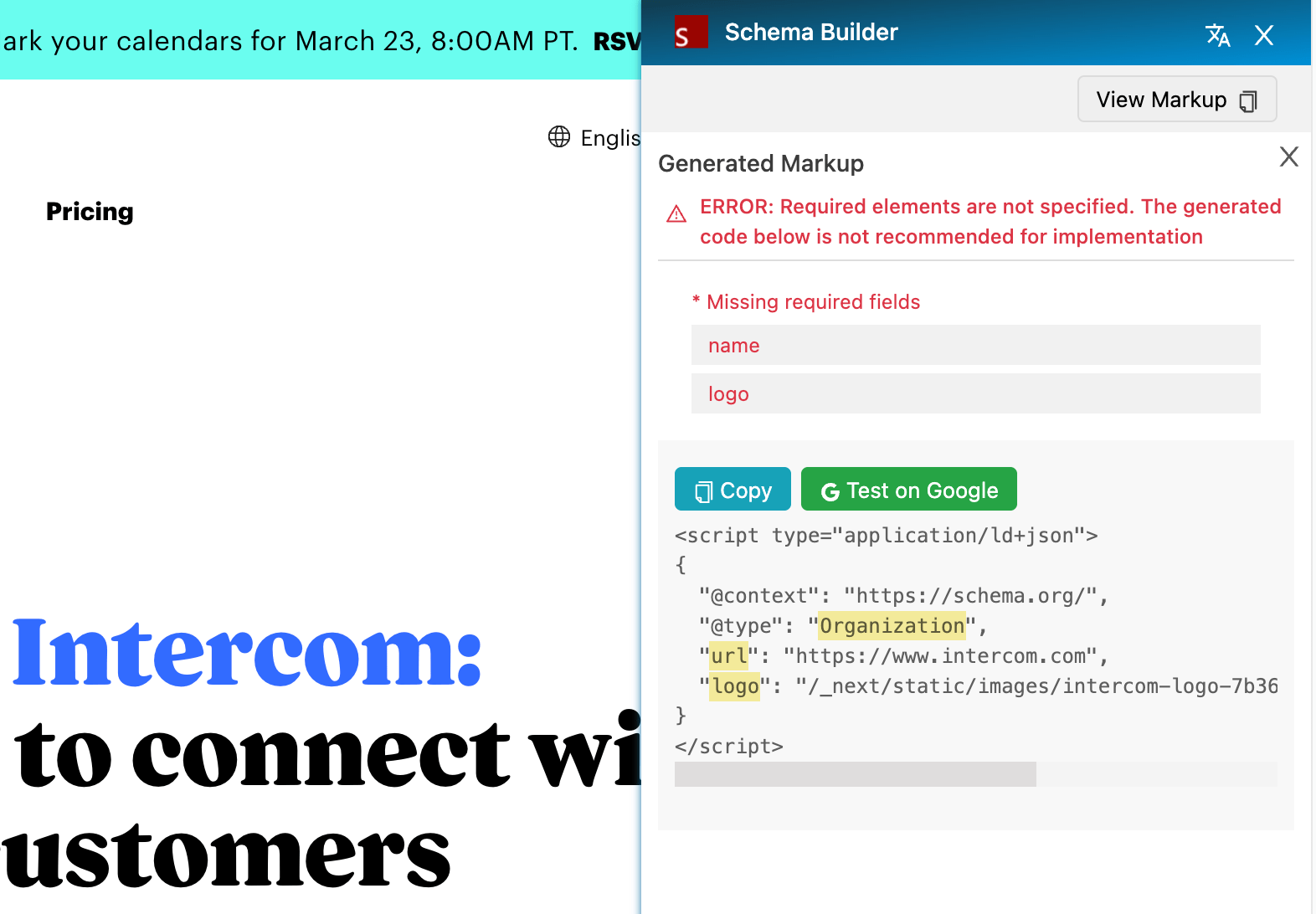 Example schema markup on Intercom's page 