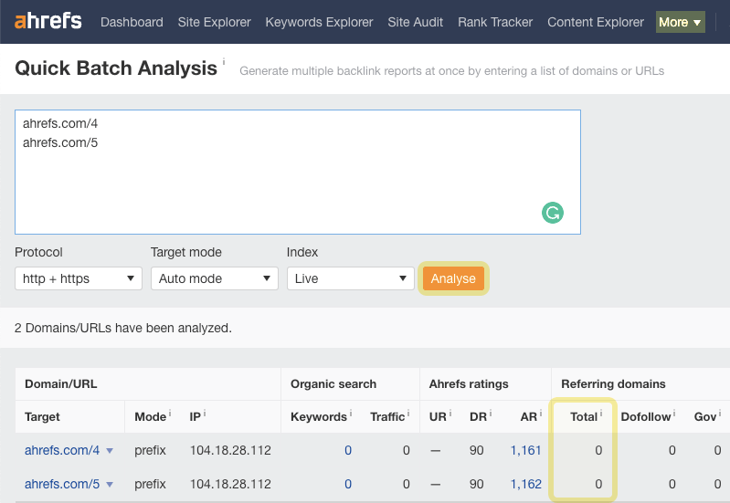 Batch Analysis tool in Ahrefs