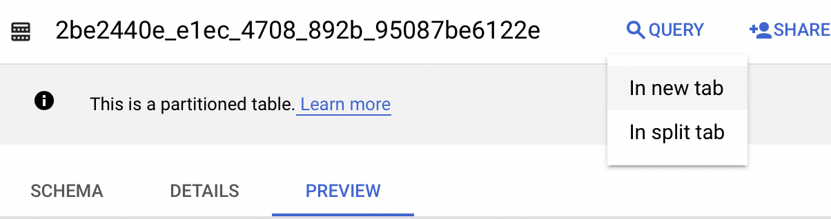 "Query" dropdown showing 2 options: new tab or split tab