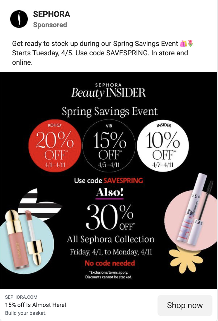 Sephora's Facebook ad about its sale, the "Spring Savings Event"