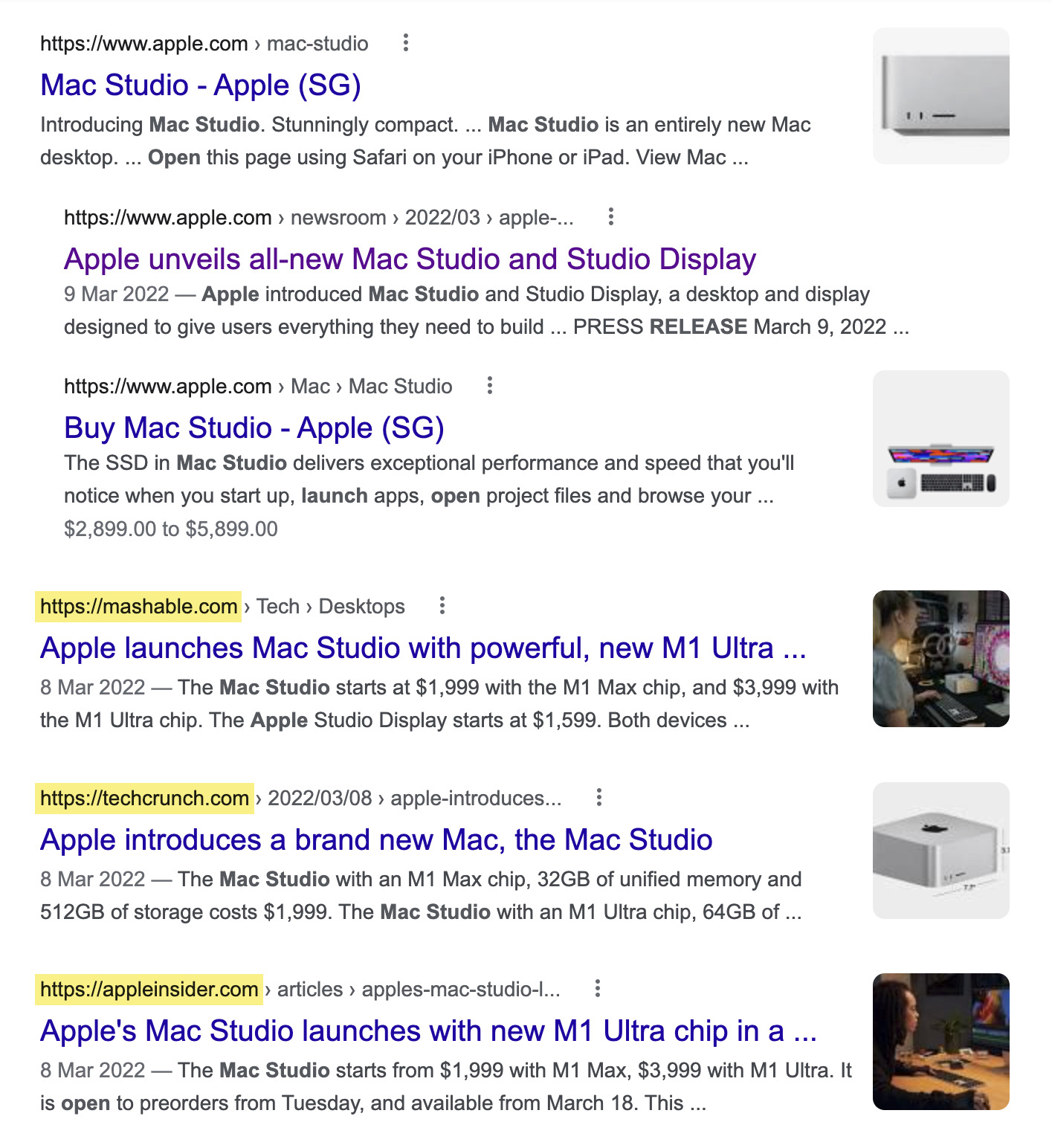 Except of Google SERP on Apple's Mac Studio 