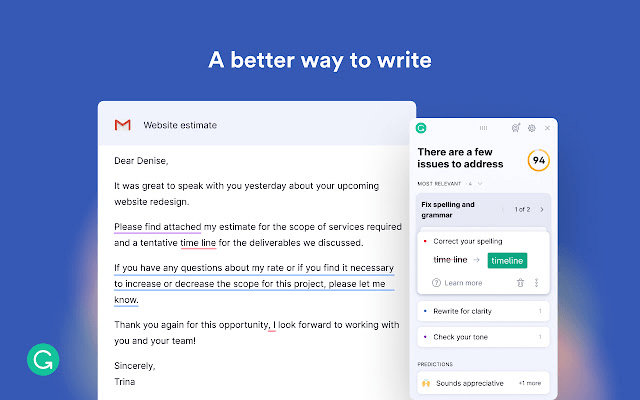 Email written in Gmail; on right, Grammarly's suggestions to improve writing 