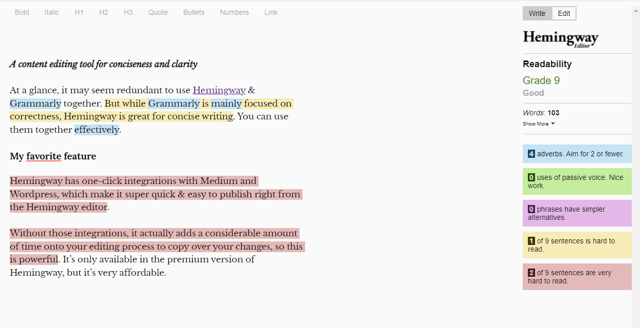 Hemingway's editor; on right, breakdown of readability score