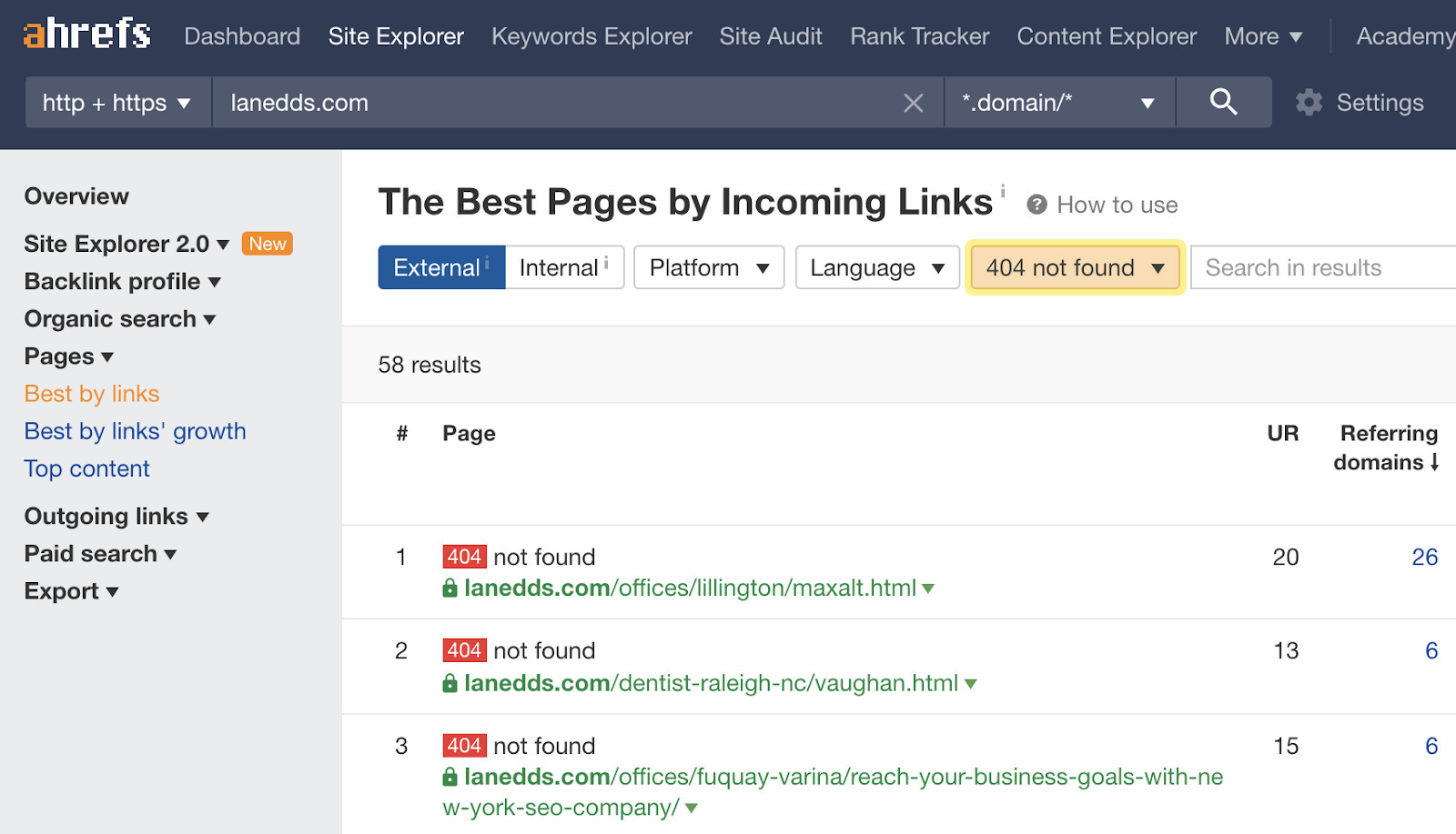 Best by links report filtered to 404 status code to show redirect opportunities