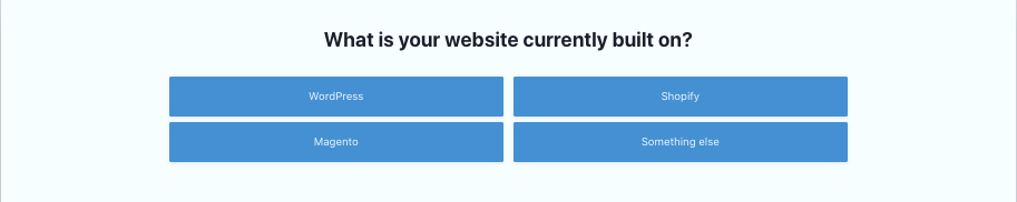 Question asking what user's website is built on; below, four options to choose from