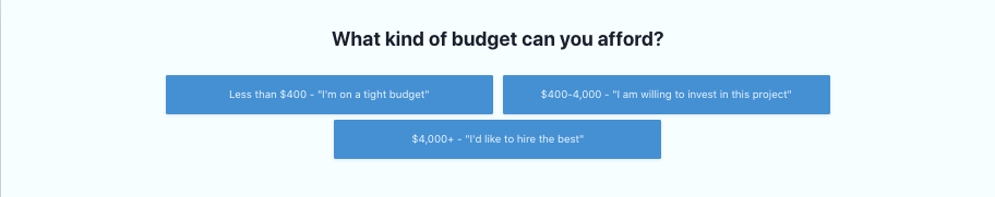 Question asking about user's budget; below, three options to choose from