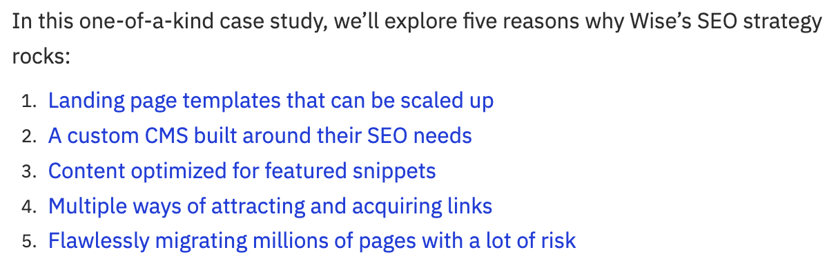 Except of an Ahrefs article showing five reasons why Wise's SEO strategy is good 
