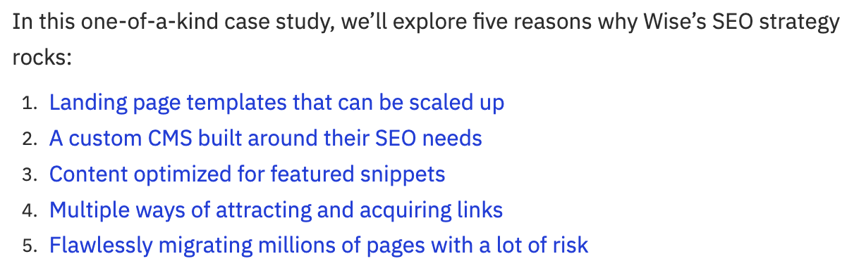 Except of an Ahrefs case study type of blog article showing five reasons why Wise's SEO strategy is good.