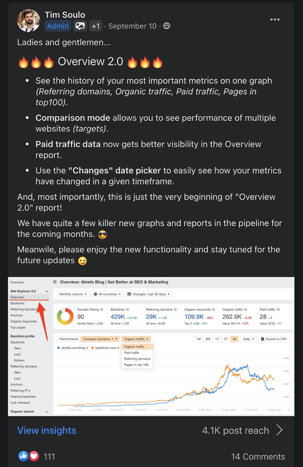 Tim's post in Ahrefs Insider about Overview 2.0