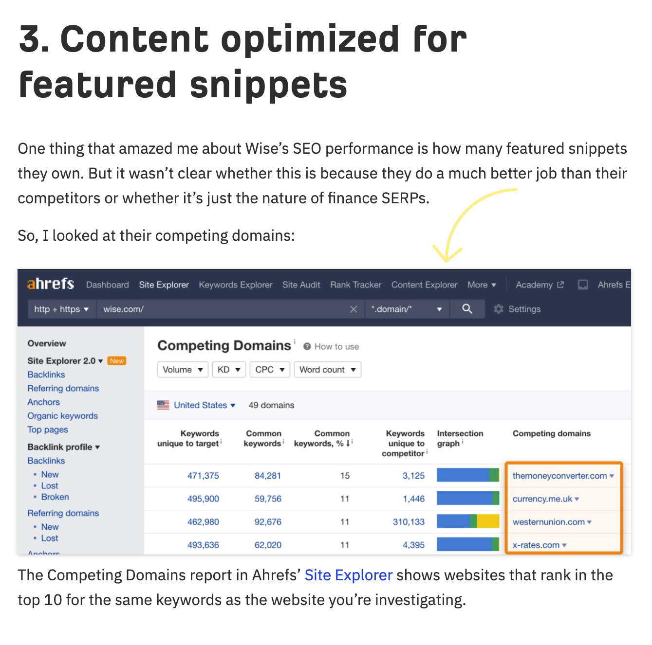 Excerpt of an Ahrefs article talking about content optimization for featured snippets
