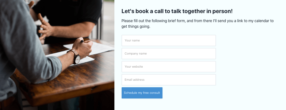 On left, cropped picture of two people talking; on right, form to book a call