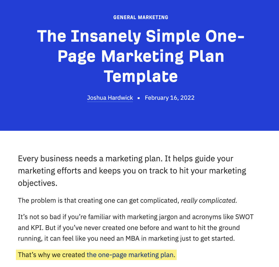 Excerpt of an Ahrefs article about a one-page marketing plan