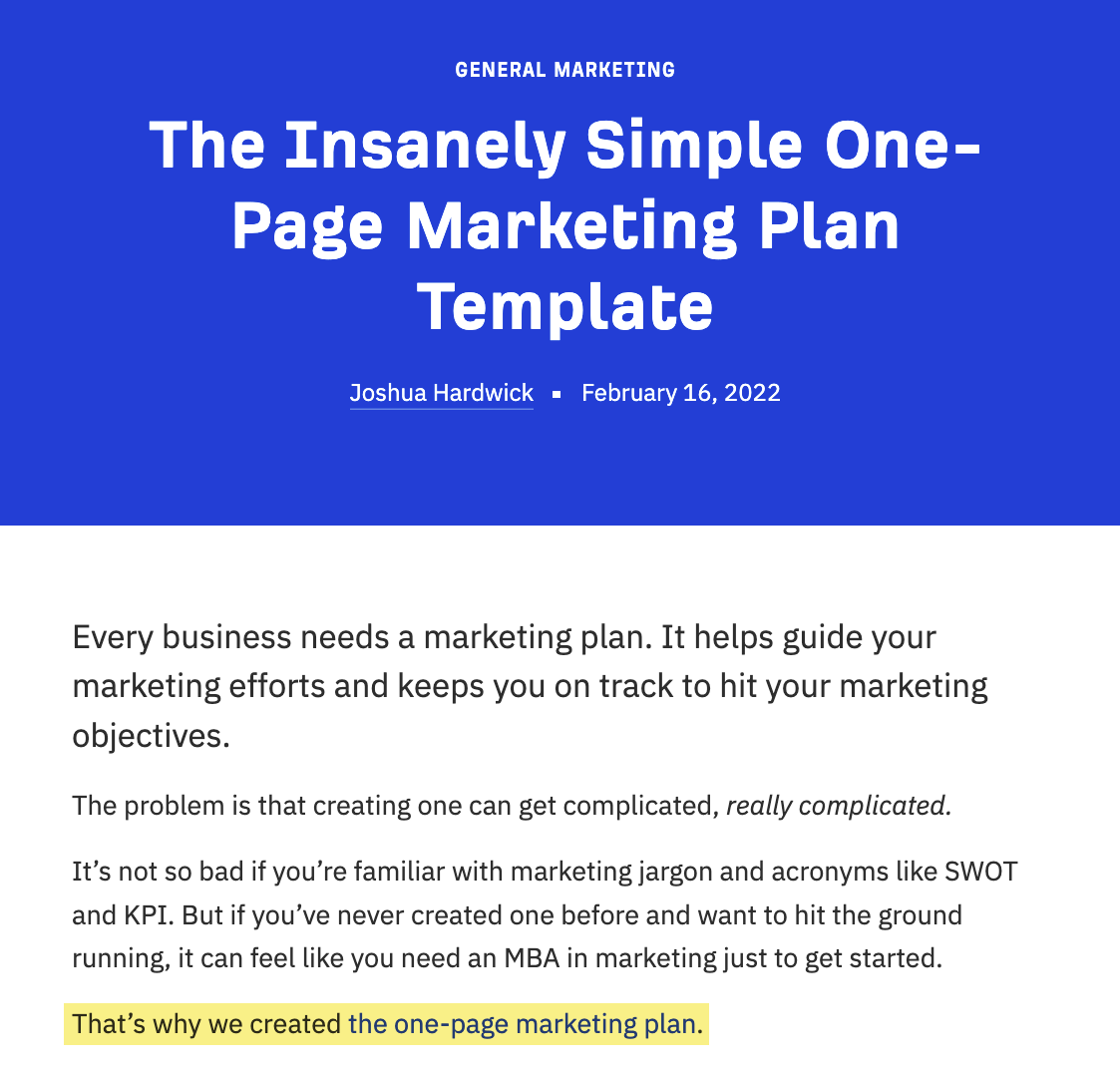 Excerpt of an Ahrefs template type of blog post about a one-page marketing plan.