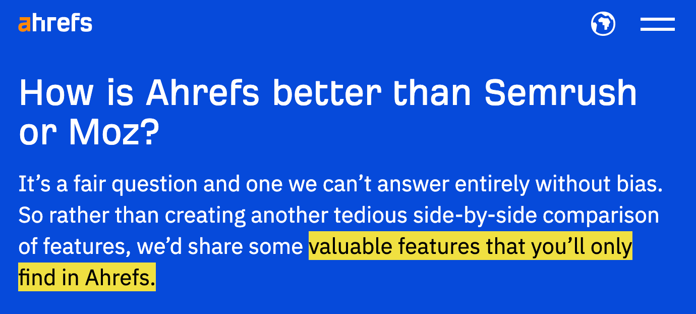 Excerpt of Ahrefs' comparison page 