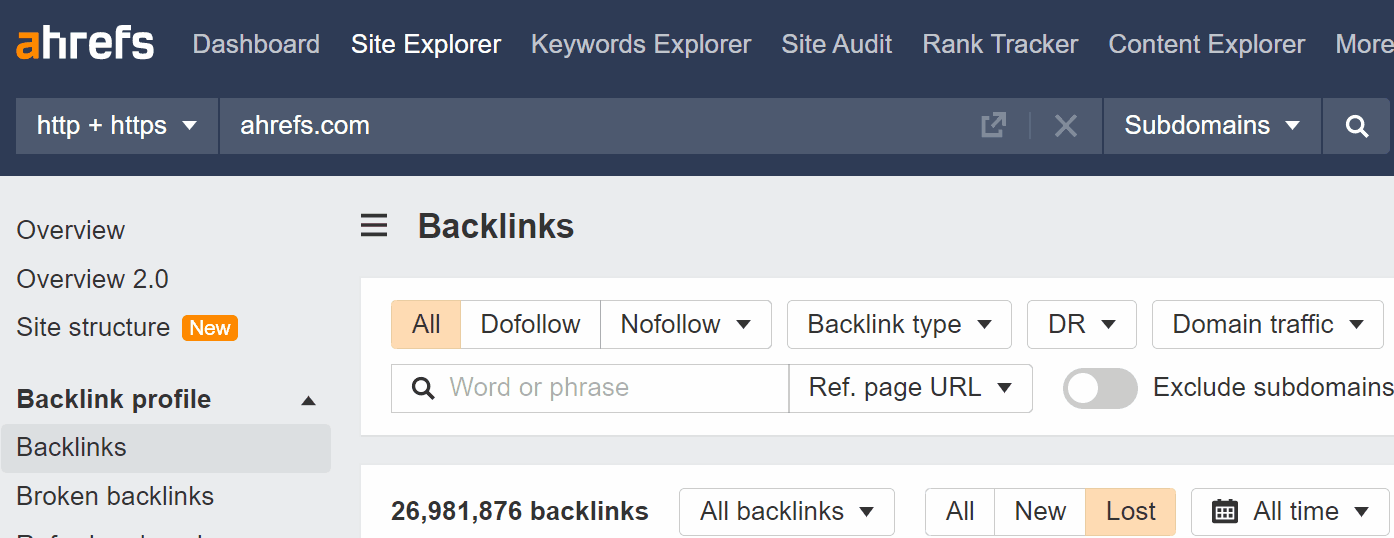 Gif showing how to check for lost backlinks in Ahrefs