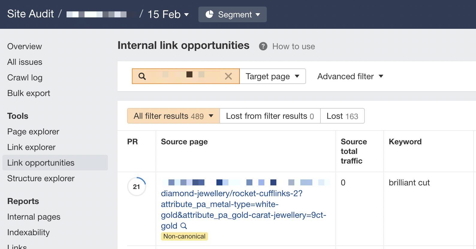 Excerpt of Internal link opportunities report results 