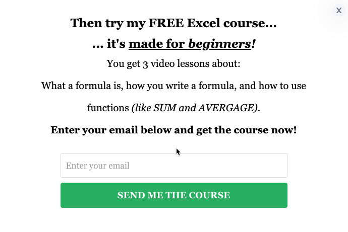Pop-up message about free course; below, text field to enter email address to get said course