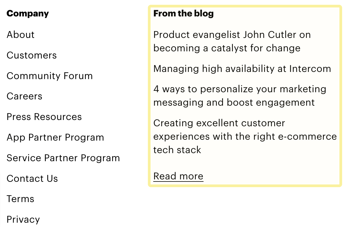 Links to blog articles in page footer 