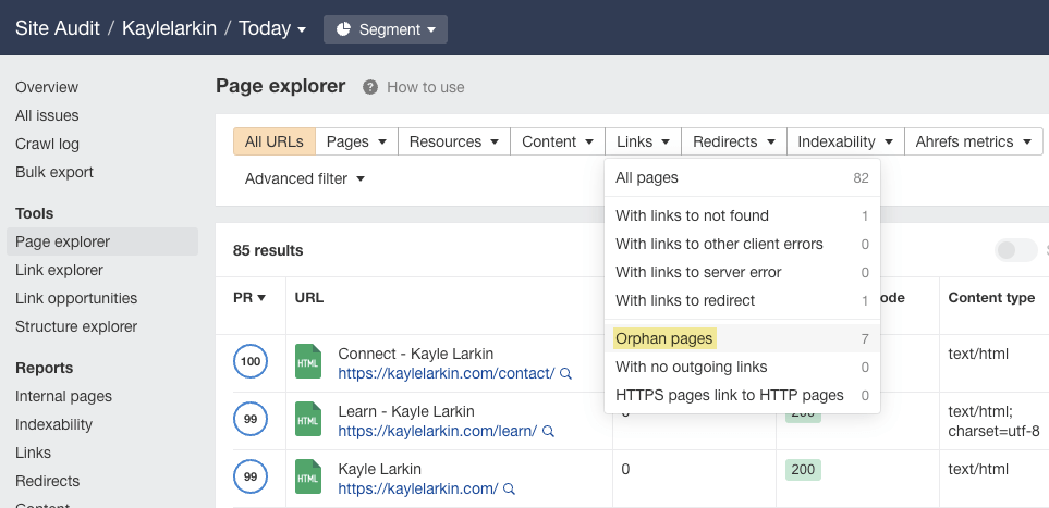 Orphan pages in Ahrefs' Site Audit