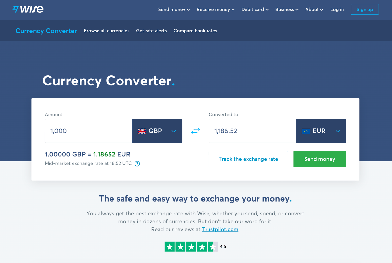 One of Wise's search landing pages showing a currency converter 