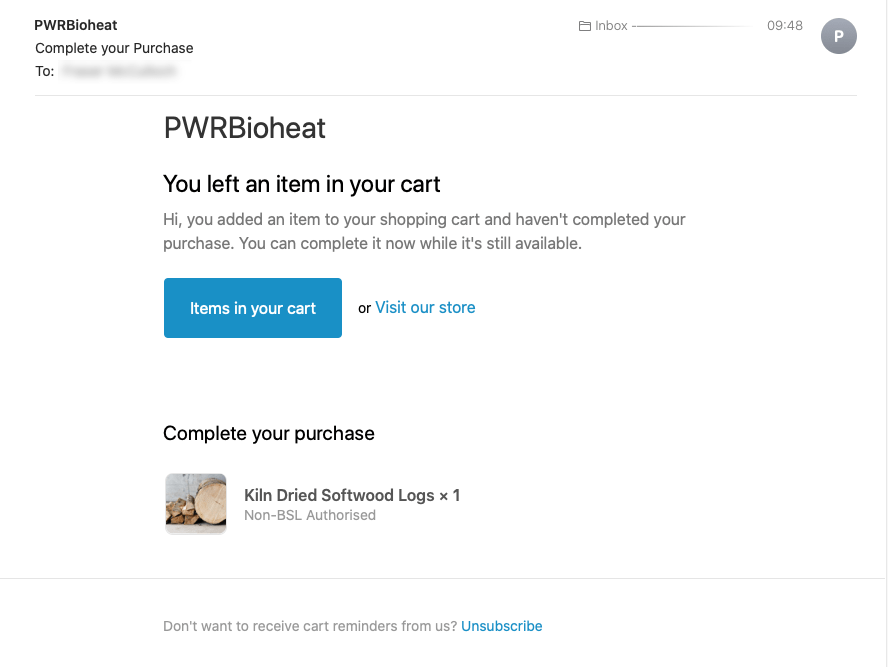 PWRBioheat's "Complete your Purchase" email