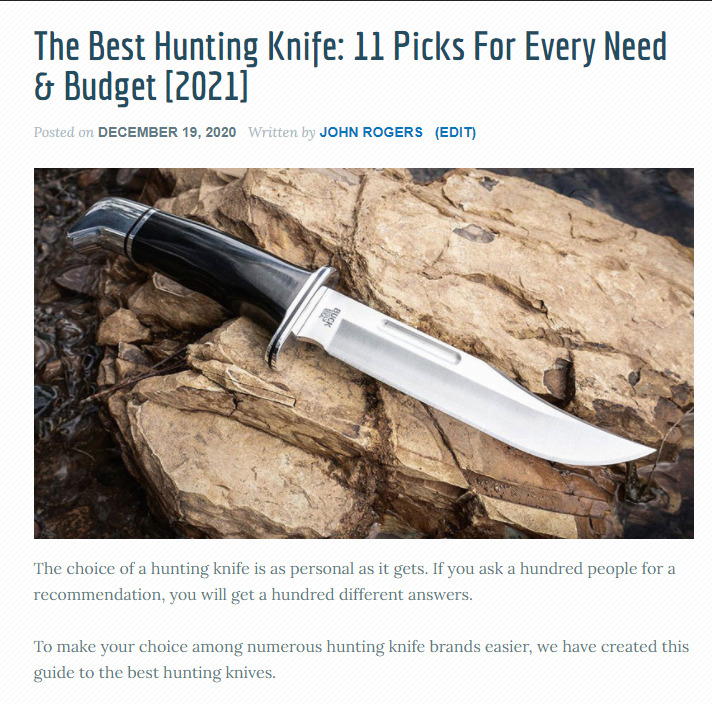 Excerpt of article about best hunting knives. Picture of knife on a rock; below, some text 