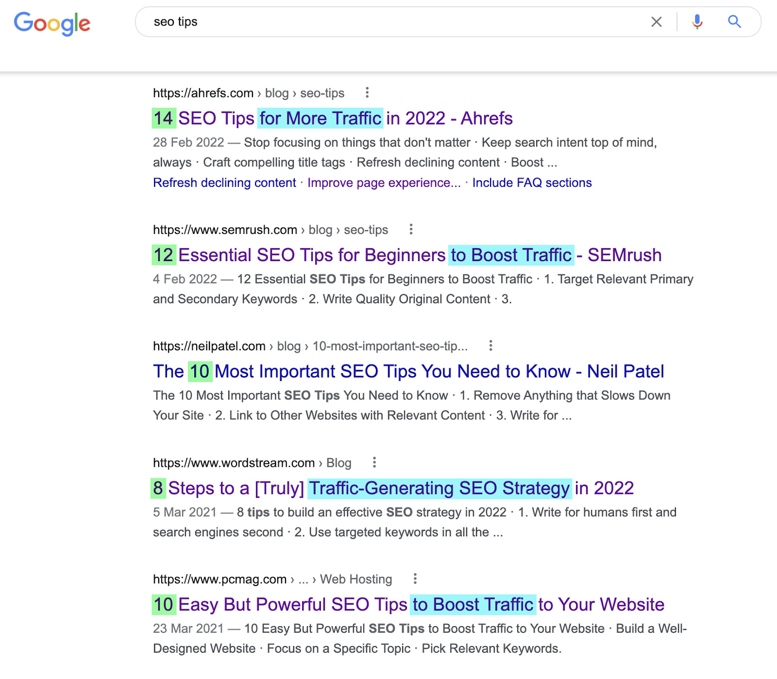 Google SERP for "seo tips" 