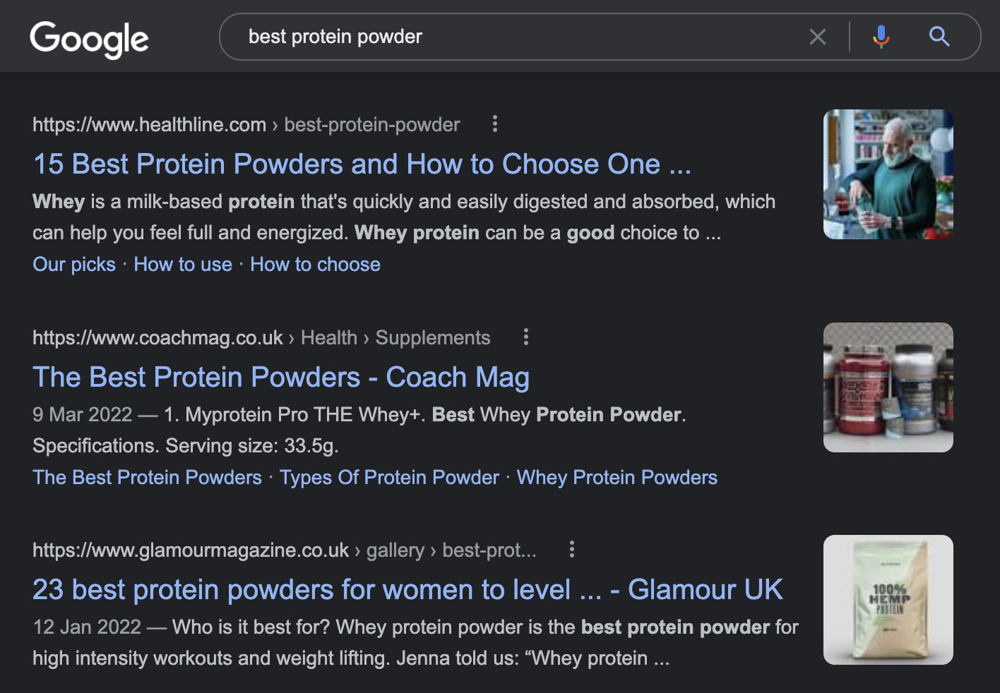 Google SERP de "melhor proteína em pó"