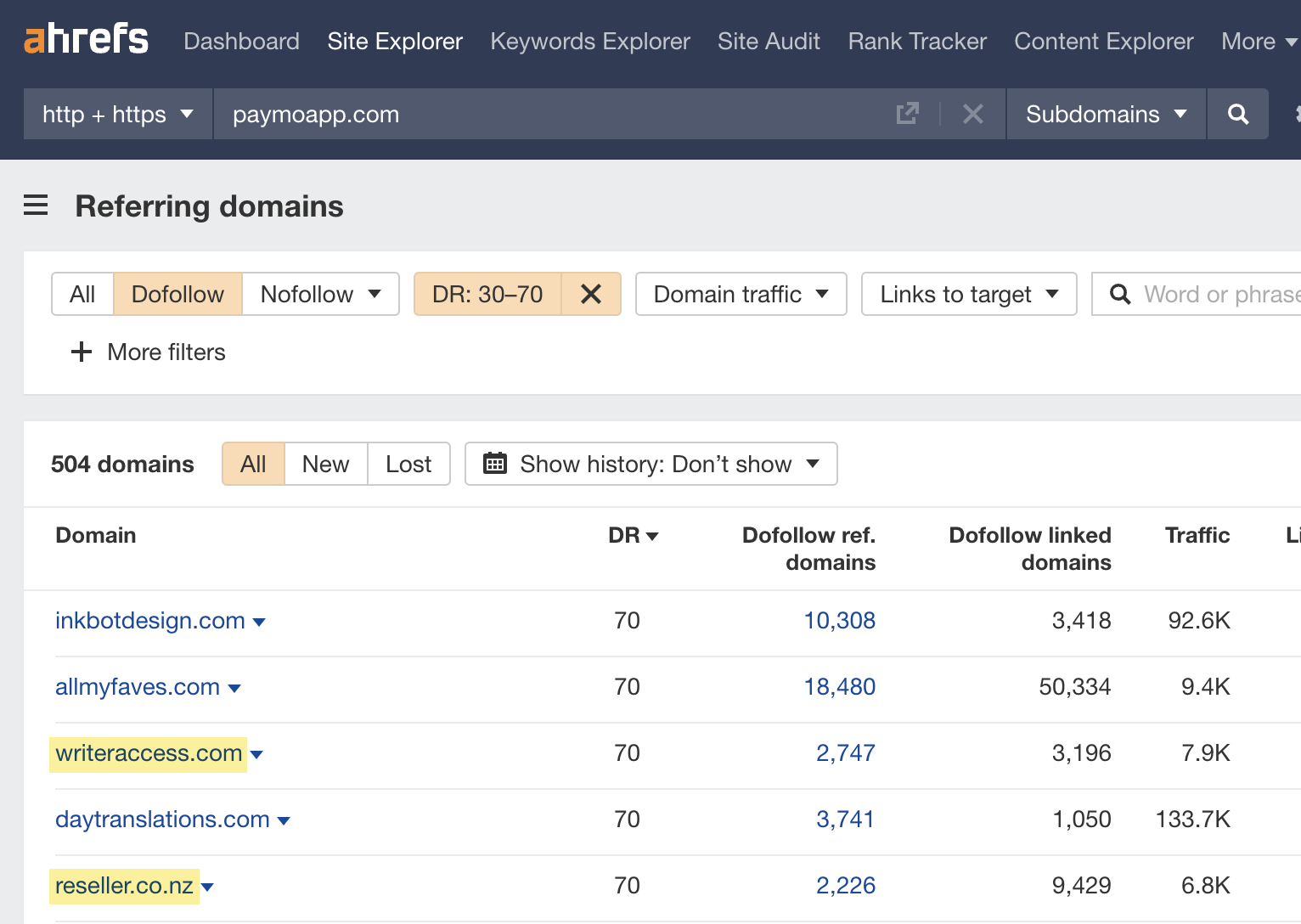 Referring domains report results 